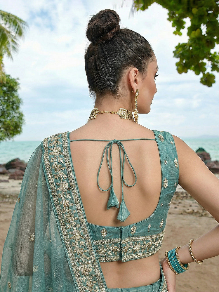 Lagoon Turquoise Chiffon Sequin & Zari Thread Embroidered Lehenga Choli Set
