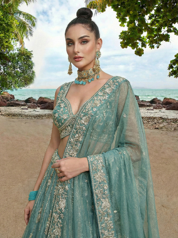 Lagoon Turquoise Chiffon Sequin & Zari Thread Embroidered Lehenga Choli Set