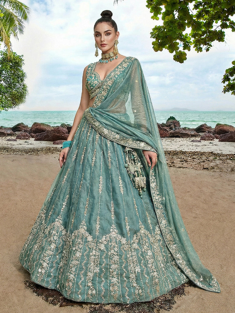 Lagoon Turquoise Chiffon Sequin & Zari Thread Embroidered Lehenga Choli Set