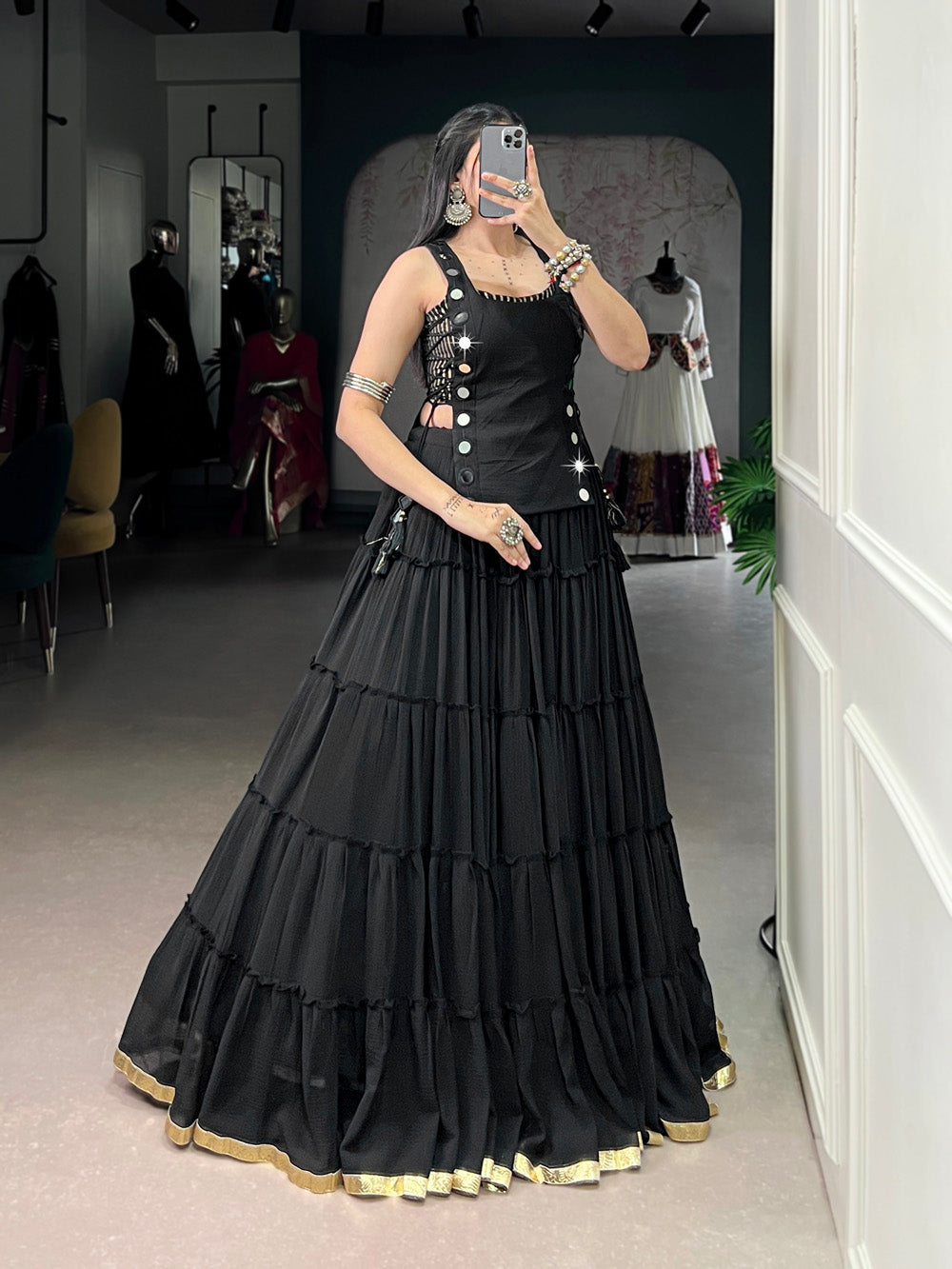 Black color embossed design lace border marbel chaniya choli