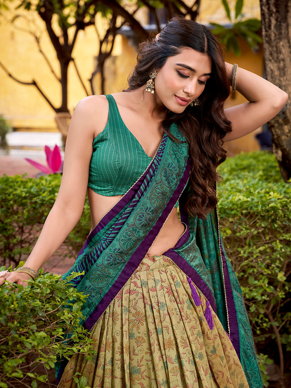 Firozi lehenga choli with printed blouse vichitra silk dupatta