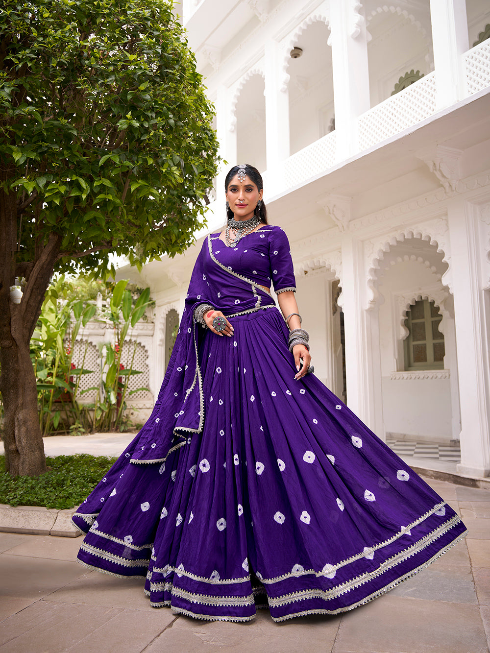 Purple chanderi bandhej print chaniya choli with lace work 6 meter flair