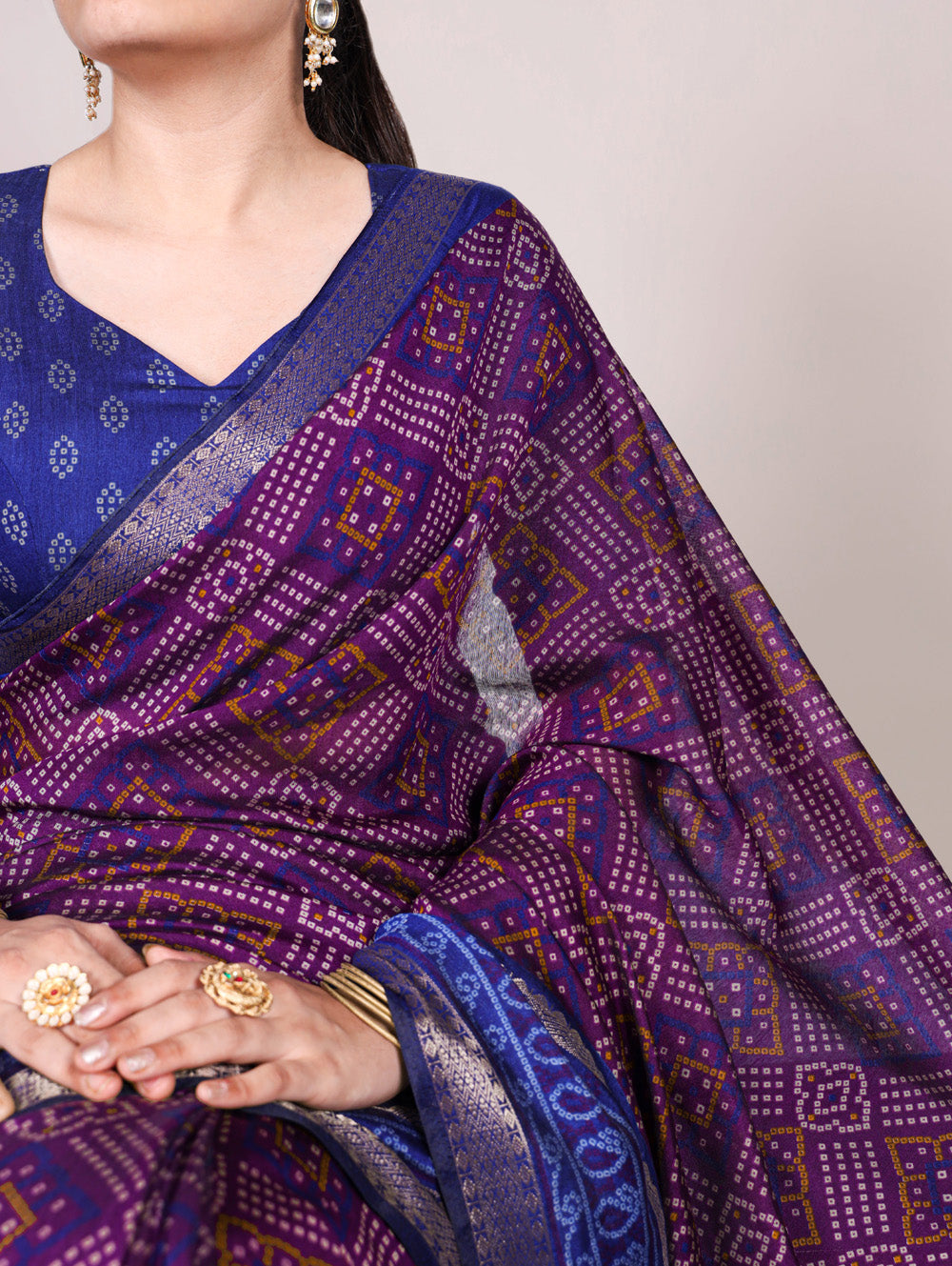 Purple viscose chanderi bandhej print saree with zari weaving border blouse piece