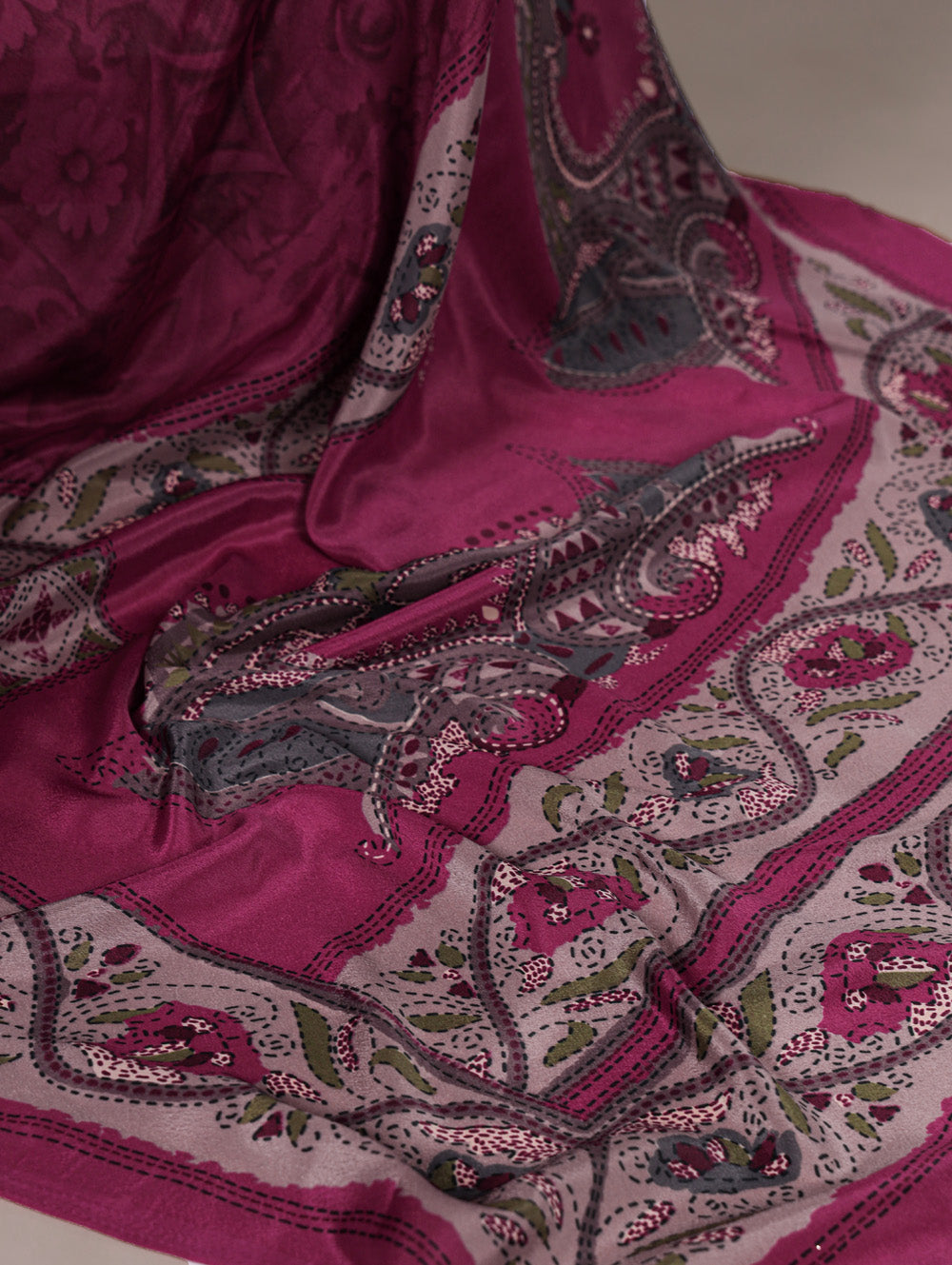 Magenta pink crepe saree with all over print matching blouse