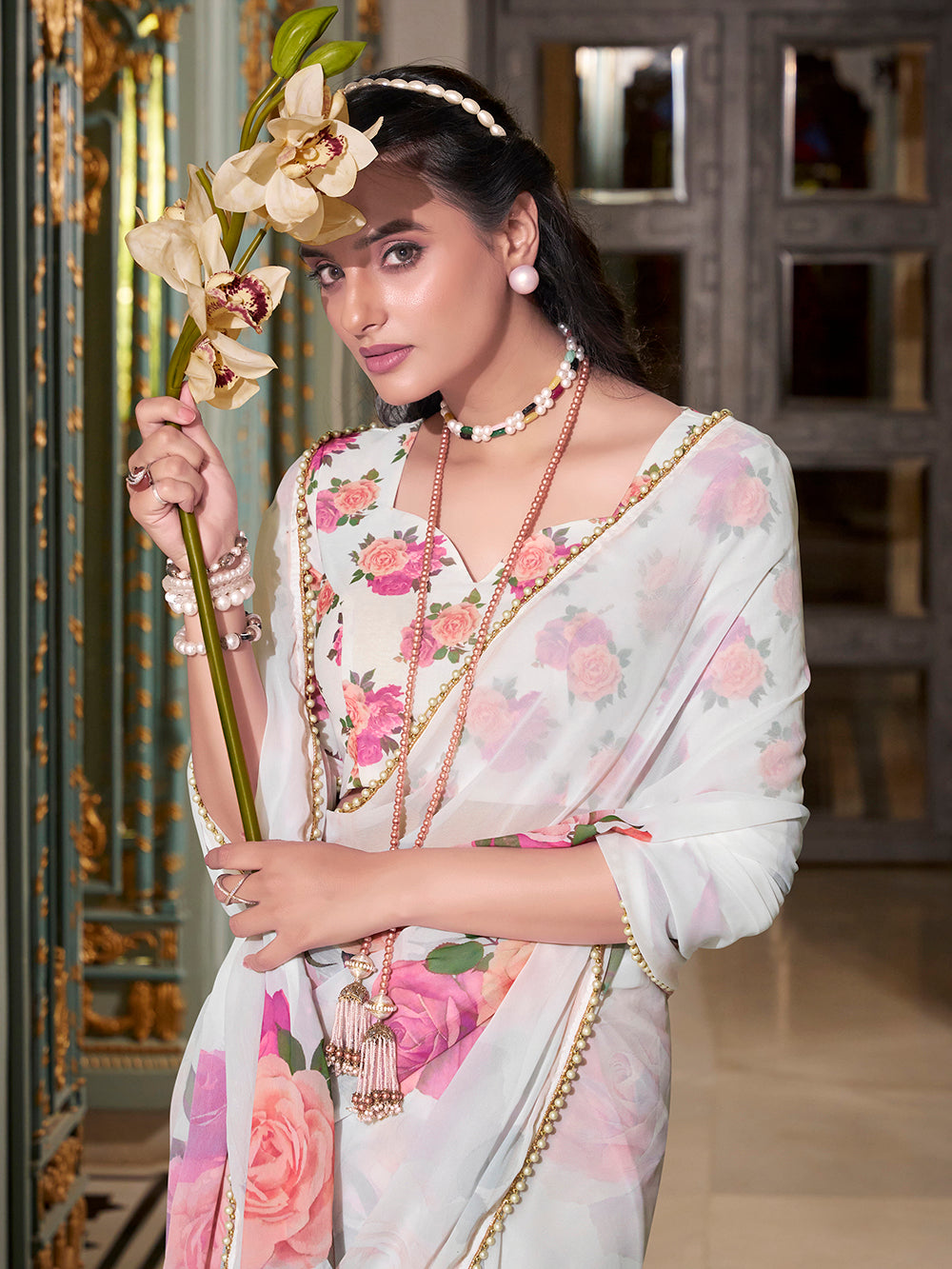 White georgette saree with printed design pearl lace border