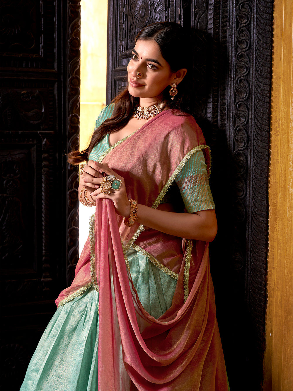 Sky blue dupion silk lehenga choli with zari weaving border shimmer lace dupatta