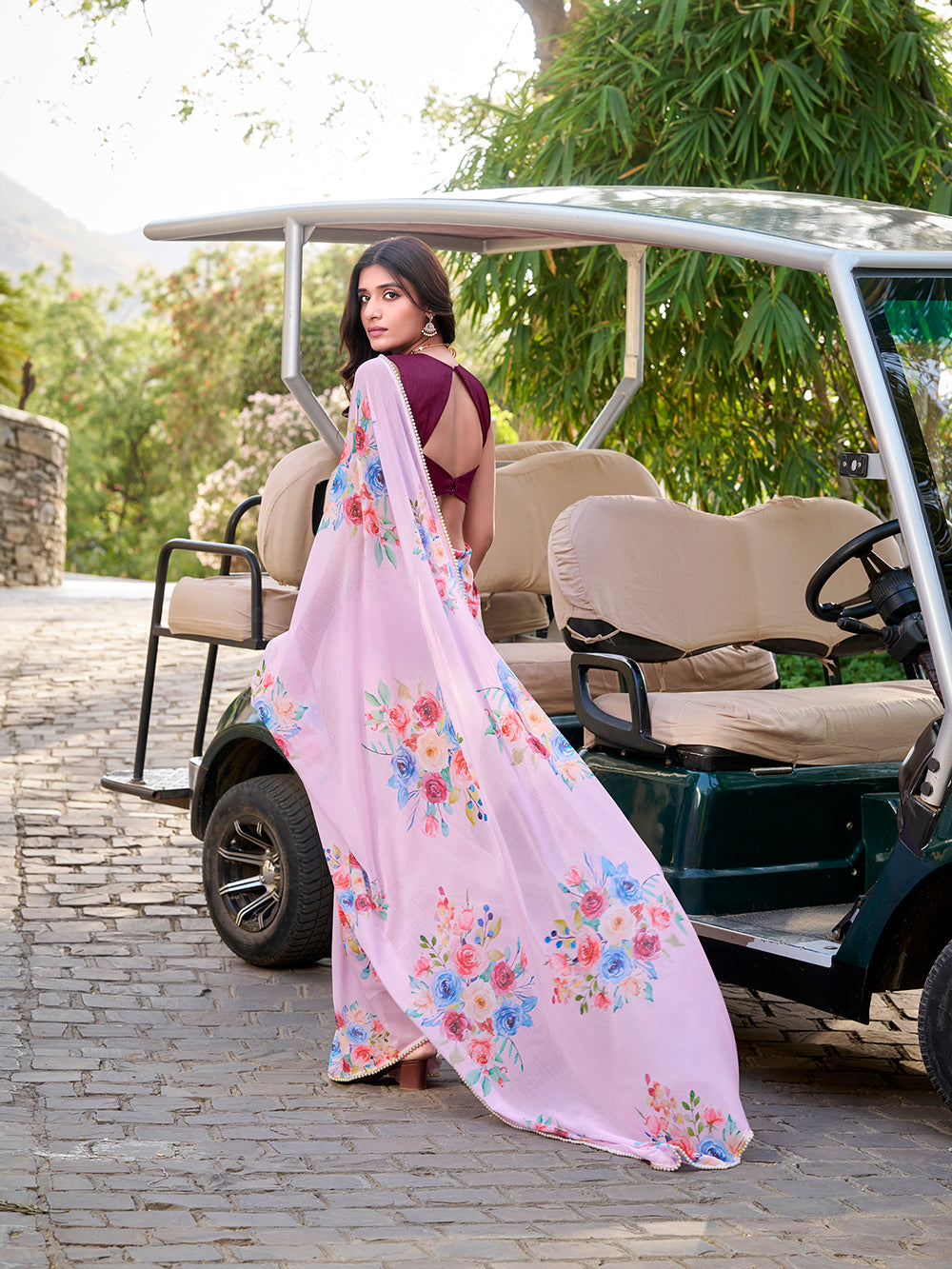 Light pink floral printed weightless marbal saree with pearl lace border