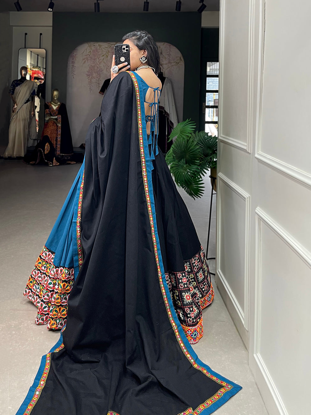 Black Color Plain With Printed Gamthi Work Cotton Navaratri Lehenga Choli