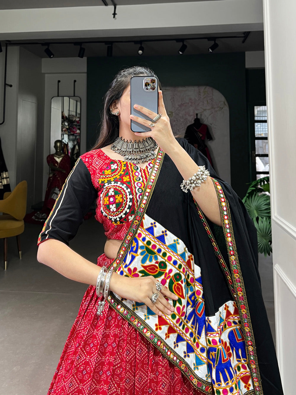 Red color printed and gamthi work with mirror work cotton chaniya choli