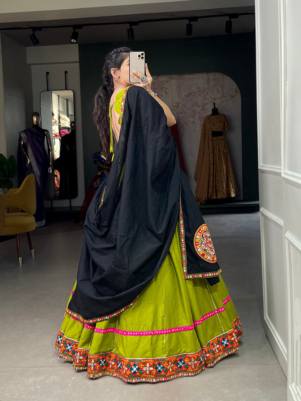 Parrot Color Gamthi Work With Paper Mirror Work Cotton Dandiya Choli