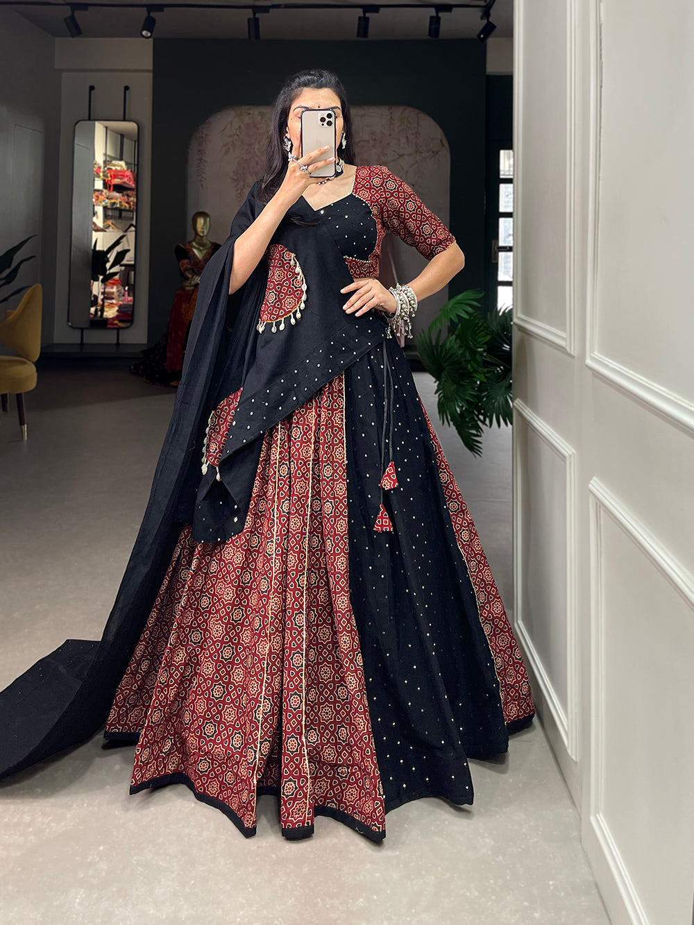Maroon Color Printed And Over All Mirror Work With Gotta Patti Cotton Lehenga Choli
