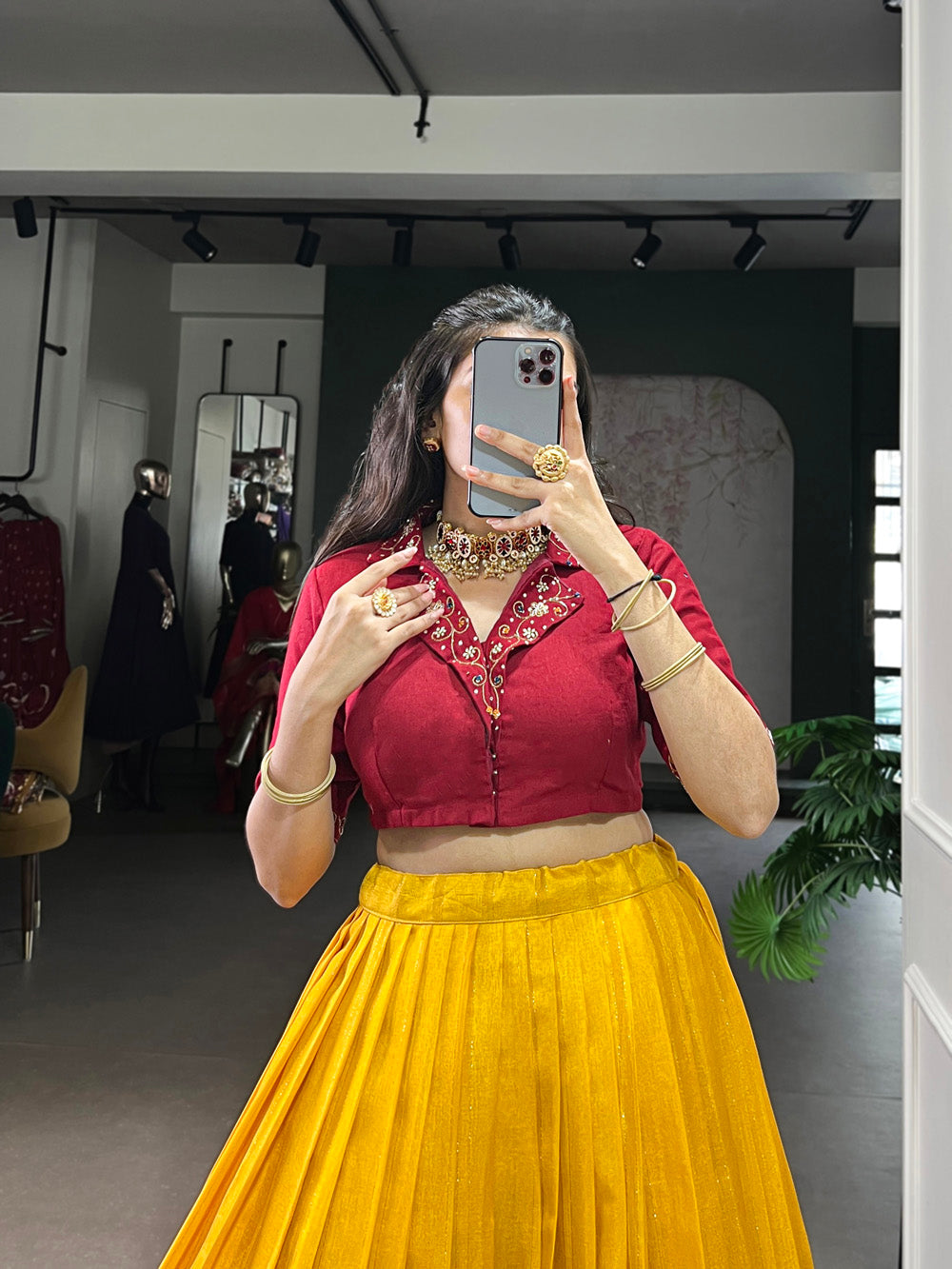 Mustard color printed with zari weaving work poly cotton co ord set