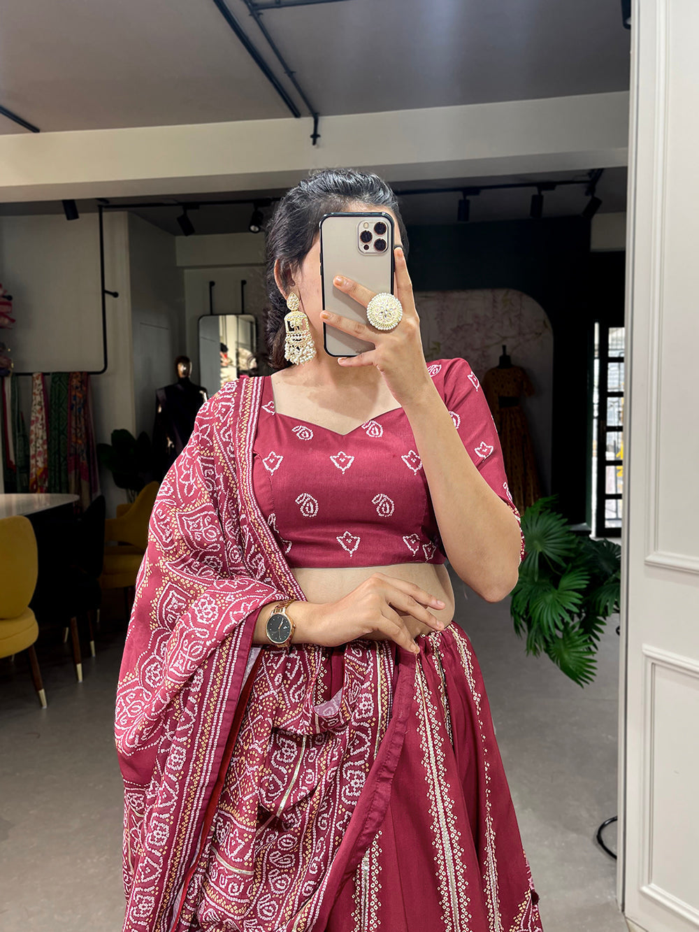 Maroon Color Bandhej Printed With Gota Patti Vaishali Silk Lehenga Choli