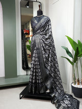 Black Color Printed With Zari Border Dola Silk Saree