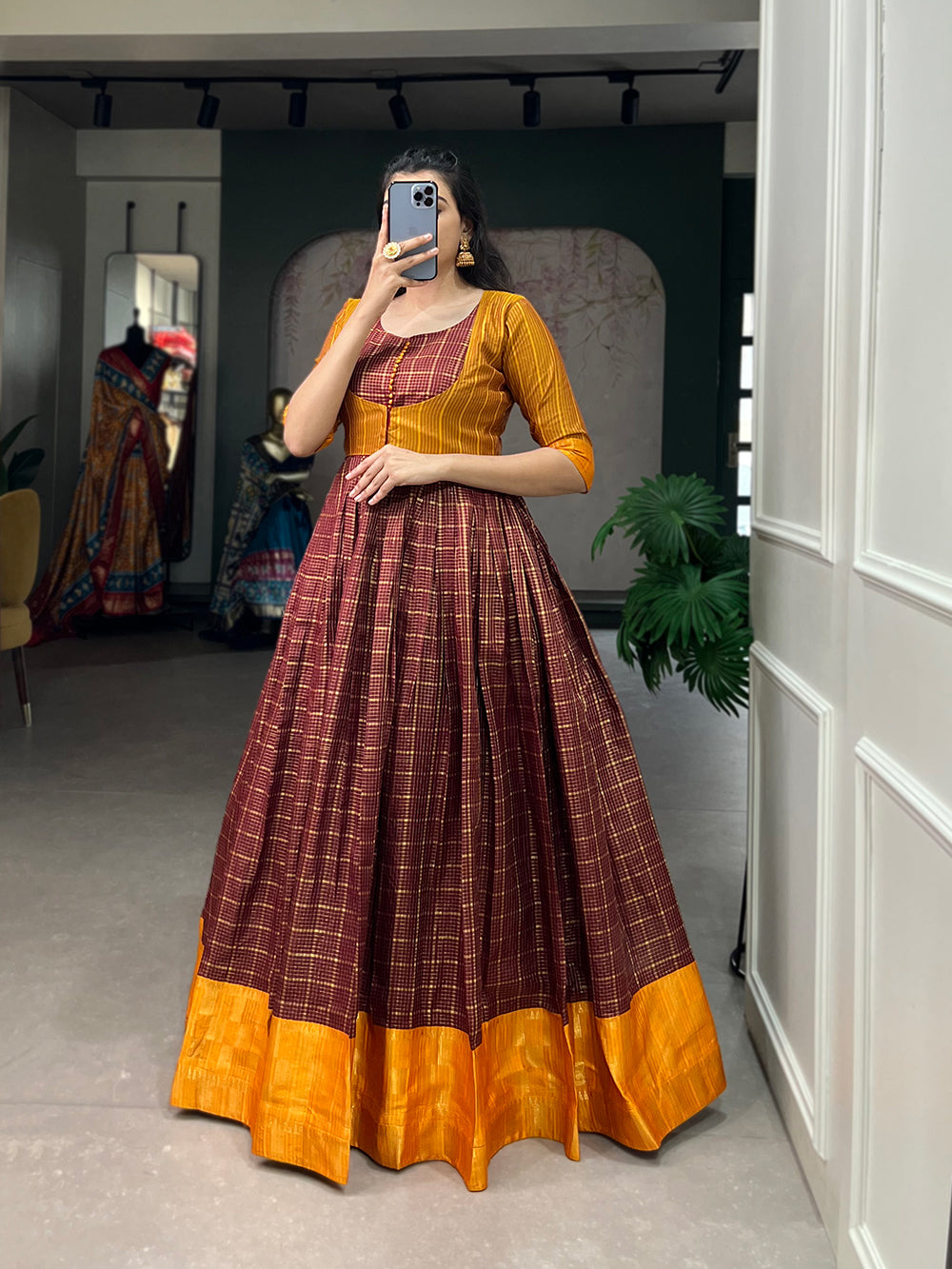 Brown Color Zari Weaving Work Zari Chex South Dress