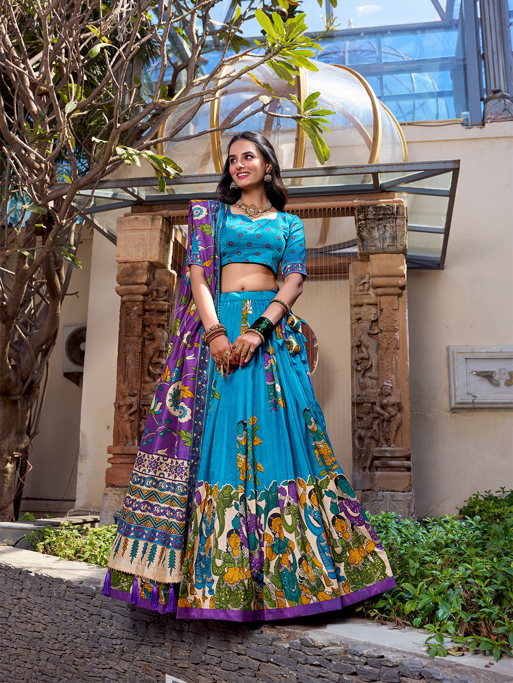 Firozi tussar silk lehenga choli with kalamkari print foil work elegance