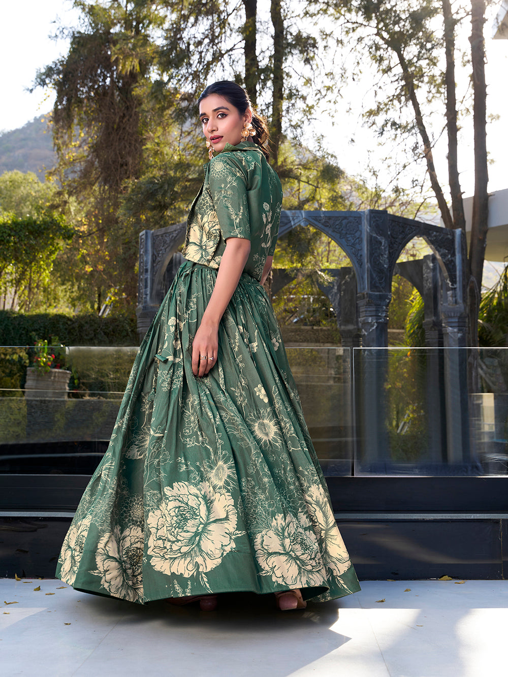 Bottle green tussar silk floral print crop top lehenga choli