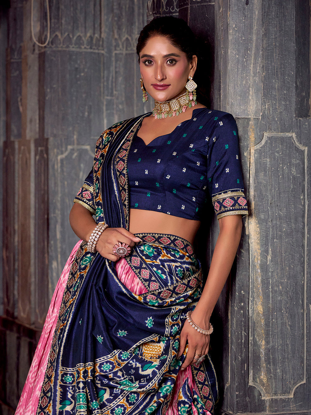 Light pink tasar silk ikat patola print lehenga choli with blue embroidered blouse dupatta