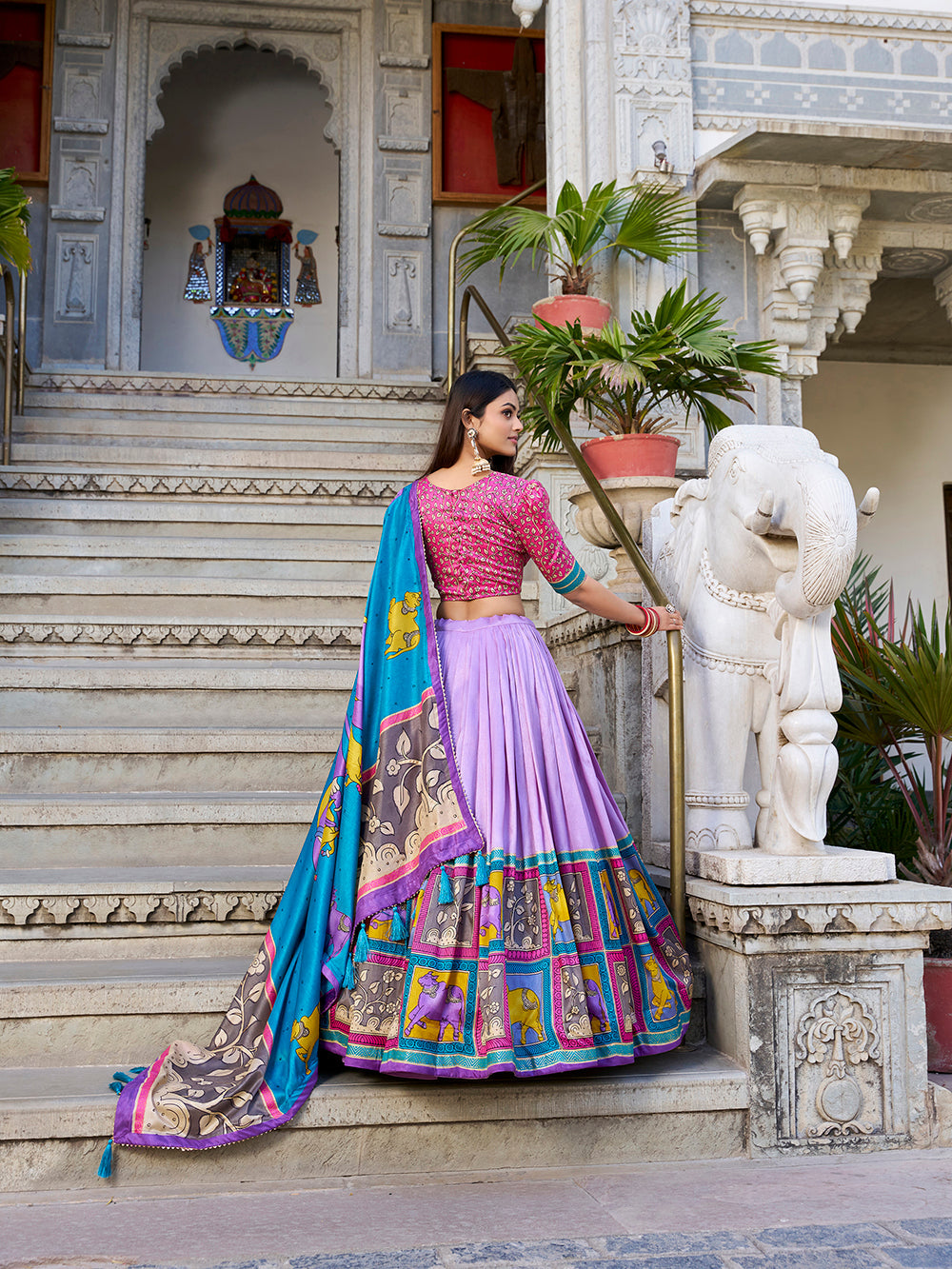 Lavender tasar silk lehenga choli with kalamkari print foil work