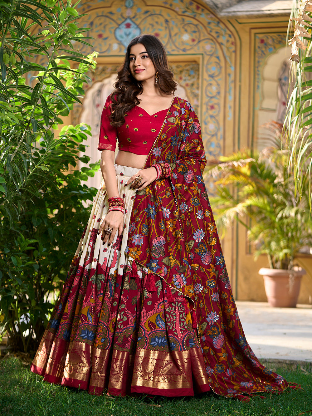 Off white color kalamkari print with foil work tasar silk lehenga choli