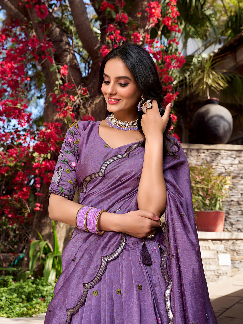 Lavender color sequins and thread embroidery work vichitra shimmer lehenga choli