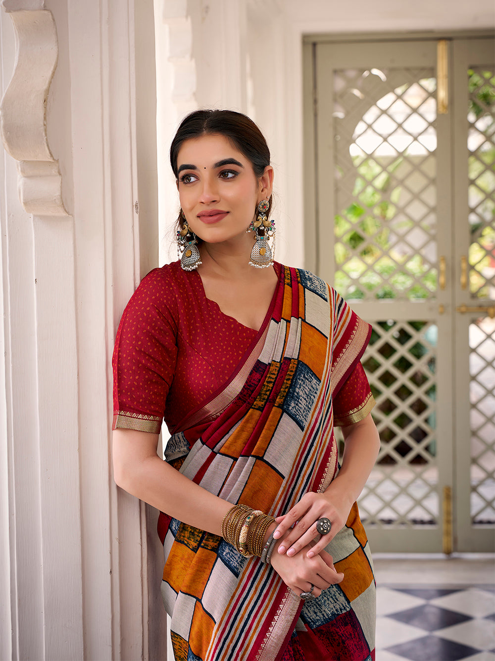 Maroon viscose chanderi check print saree with temple lace border blouse piece