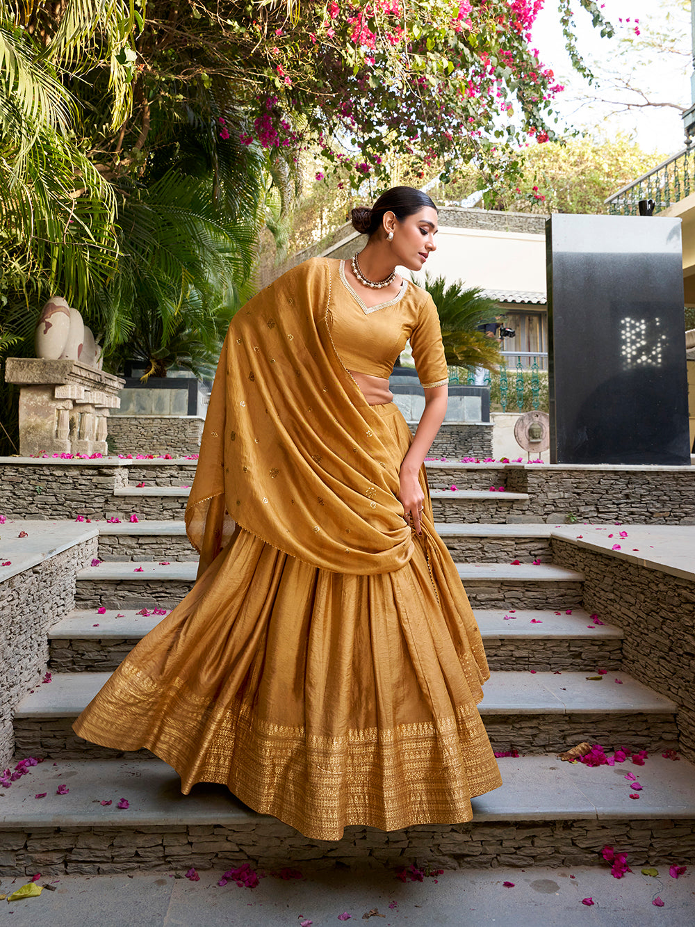 Mustard chanderi silk lehenga choli with timeless weave matching dupatta