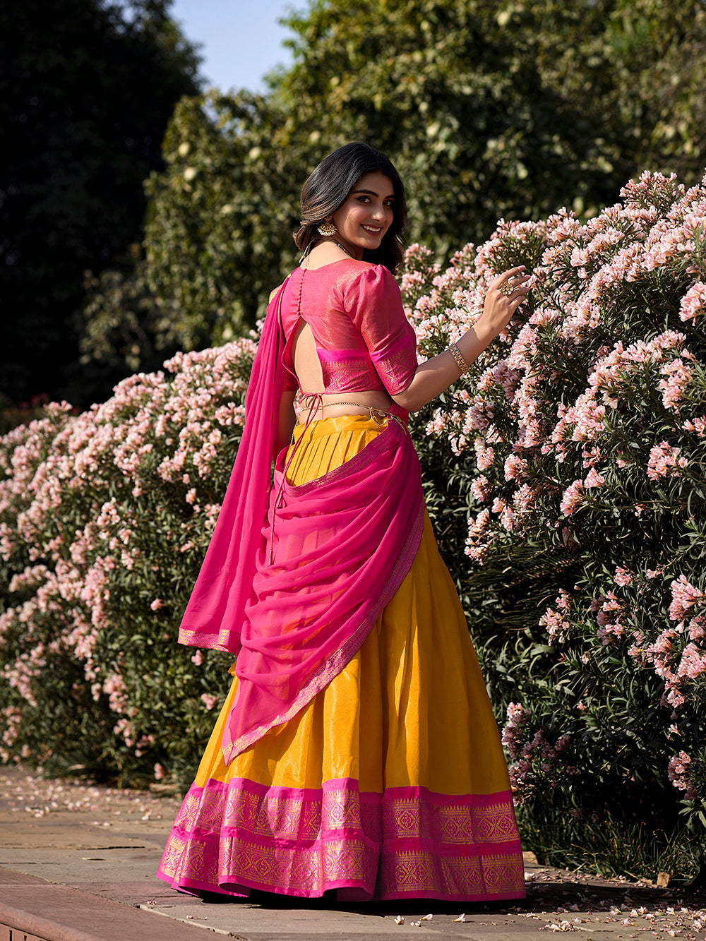 Mustard kanchipuram silk lehenga choli with zari weaving matching dupatta