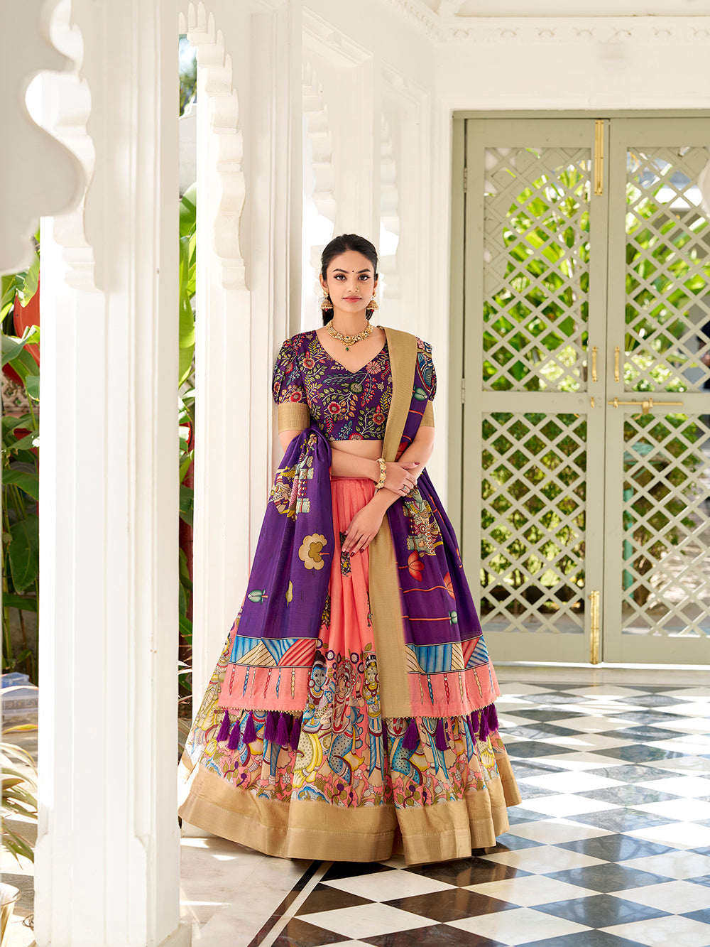 Peach color kalamkari print with weaving border dola silk lehenga choli