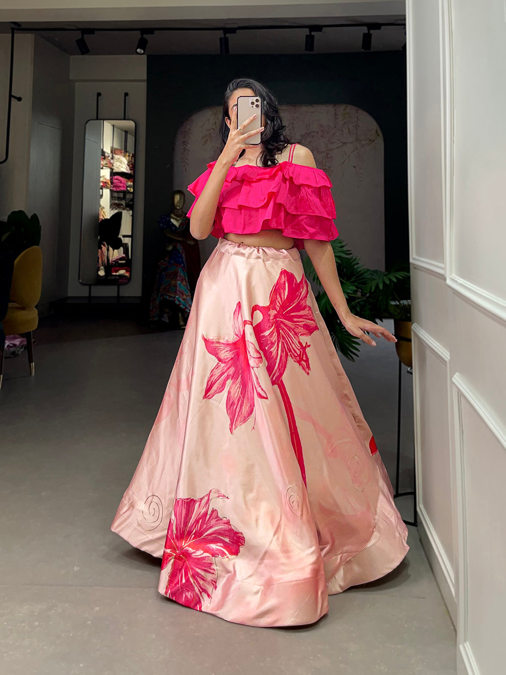 Peach Color Digital Print With Foil Work Zari Satin Co-ord Set Lehenga Choli