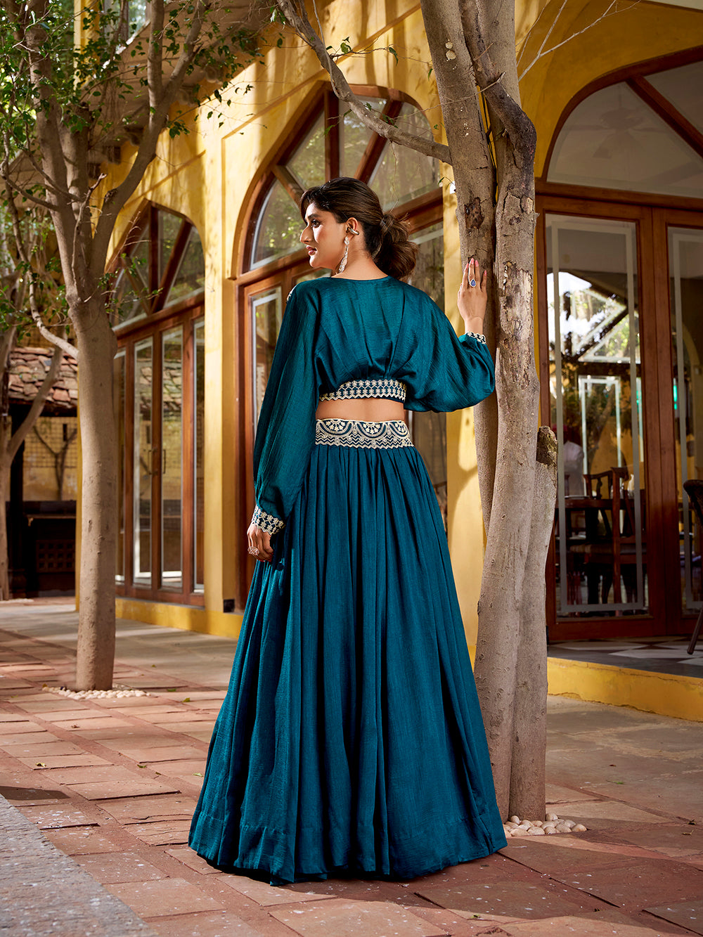 Peacock blue vichitra silk lehenga choli set with thread embroidery