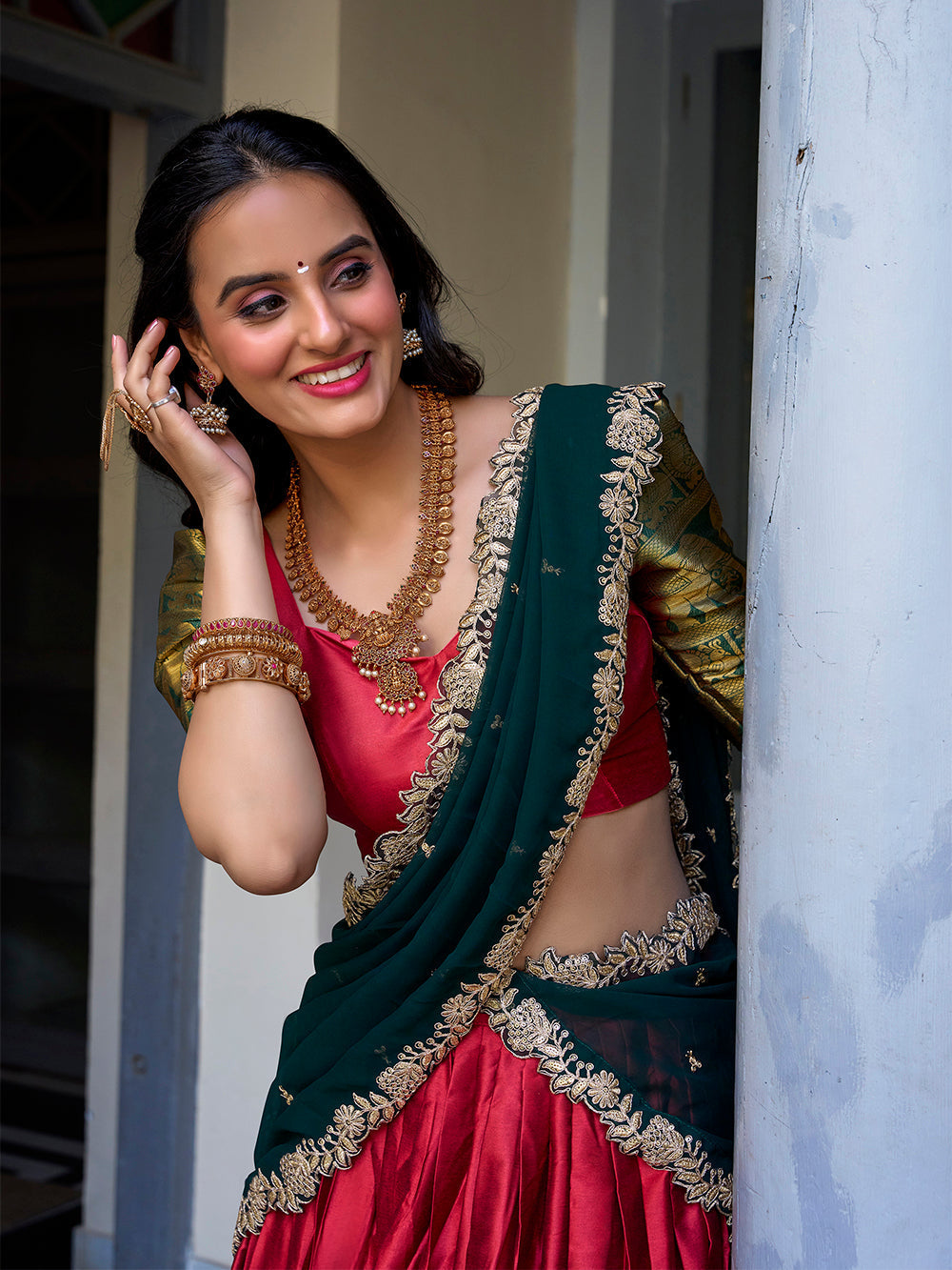 Bridal red narayan pattu lehenga choli with zari weaving embroidered georgette dupatta