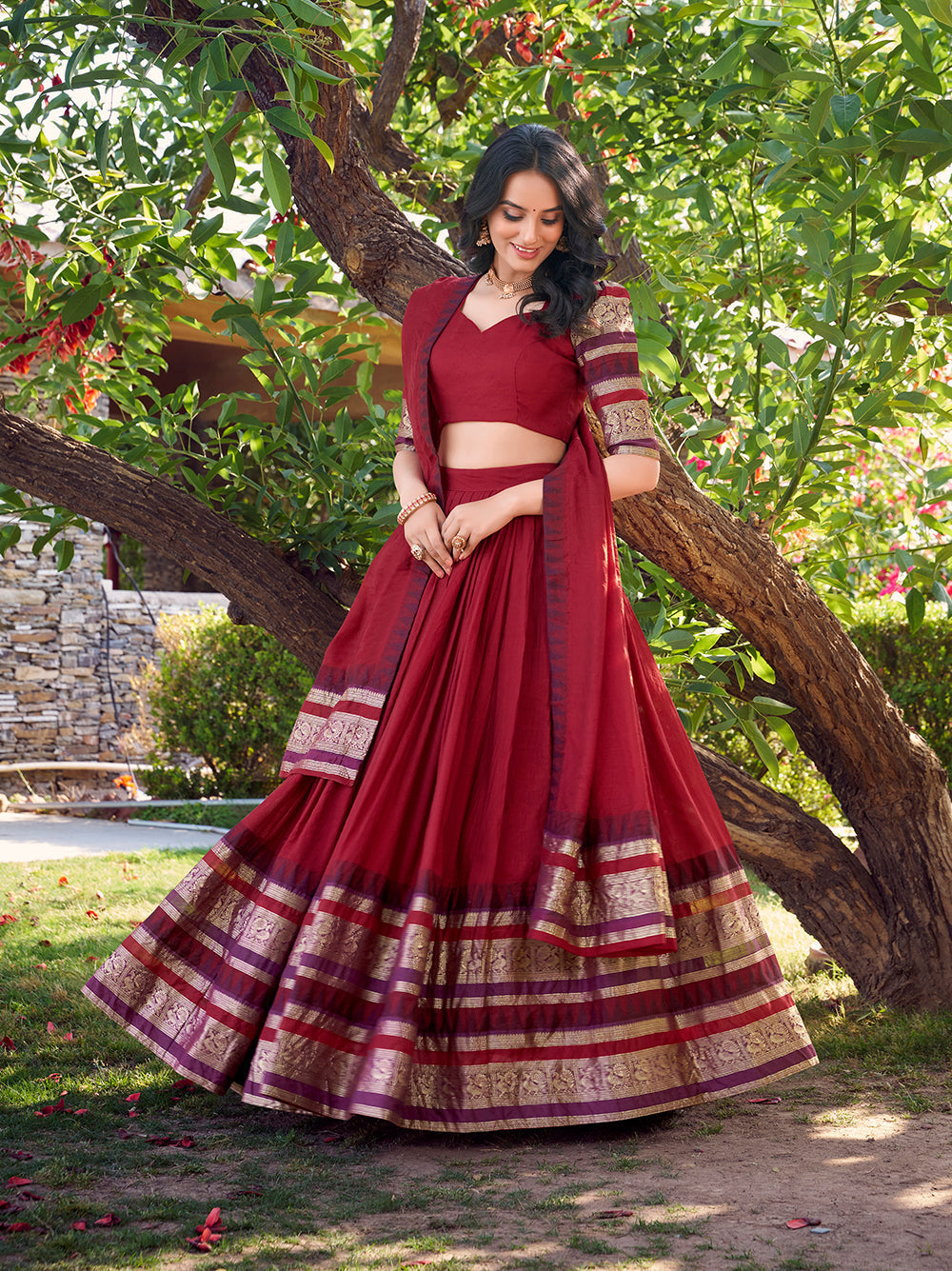 Bridal red chanderi lehenga choli with zari woven border matching dupatta