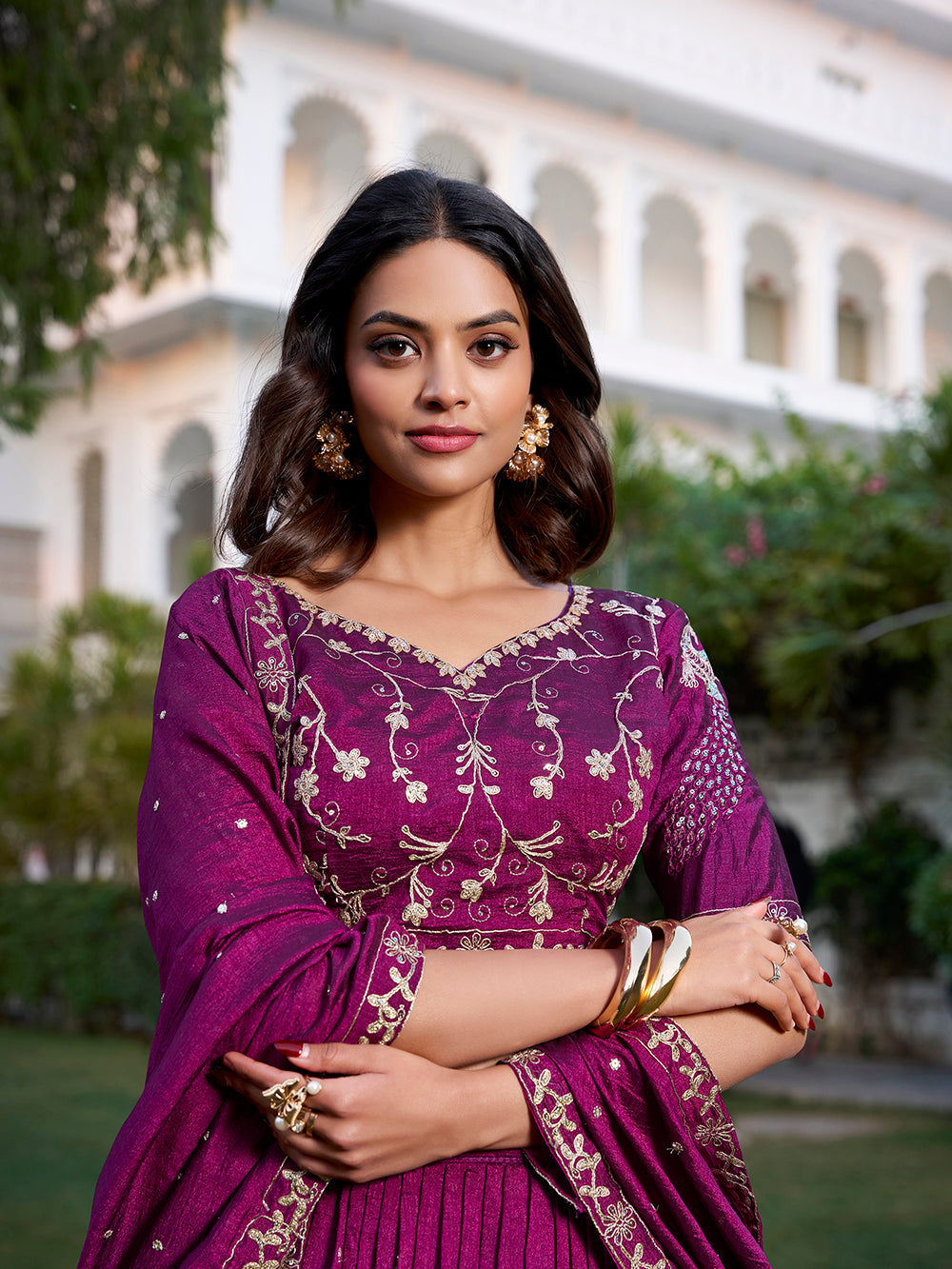 Wine color sequins and thread embroidery work vichitra silk lehenga choli