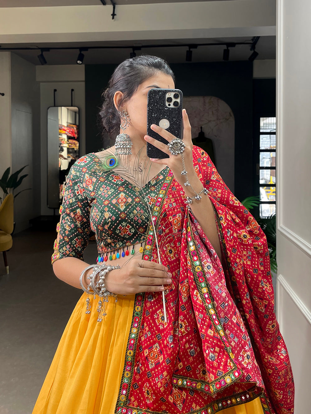 Yellow Color Printed And Gamthi Work Lace Border Cotton Lehenga Choli