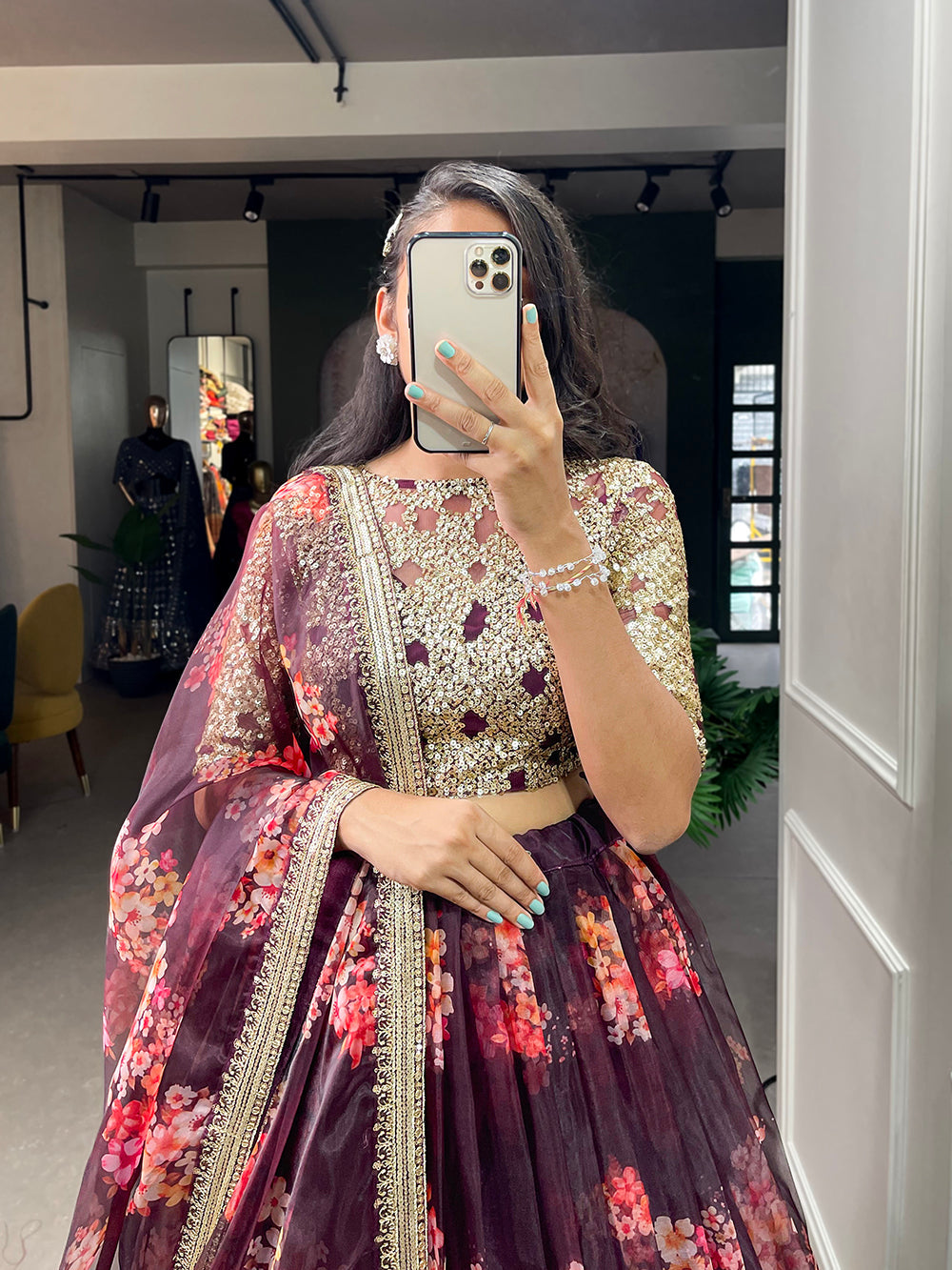 Wine Color Printed And Sequins Embroidery Lace Border Organza Lehenga Choli