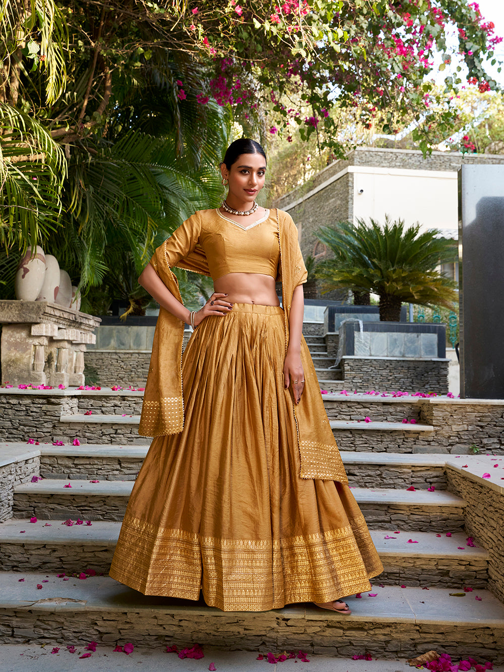 Mustard chanderi silk lehenga choli with timeless weave matching dupatta