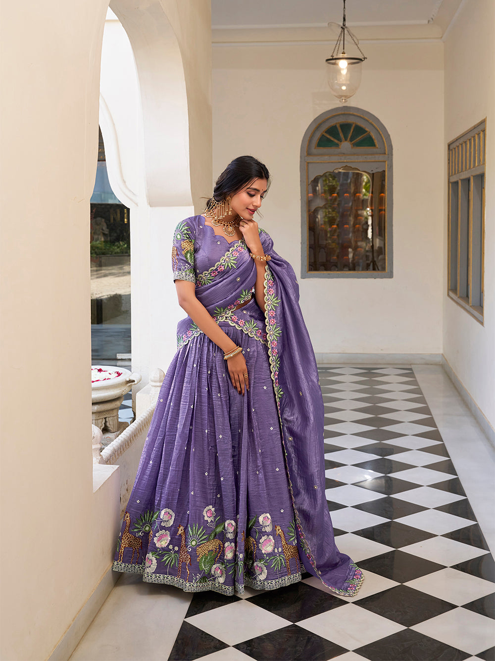Lavender gold crush lehenga choli with sequins embroidery scalloped lace dupatta