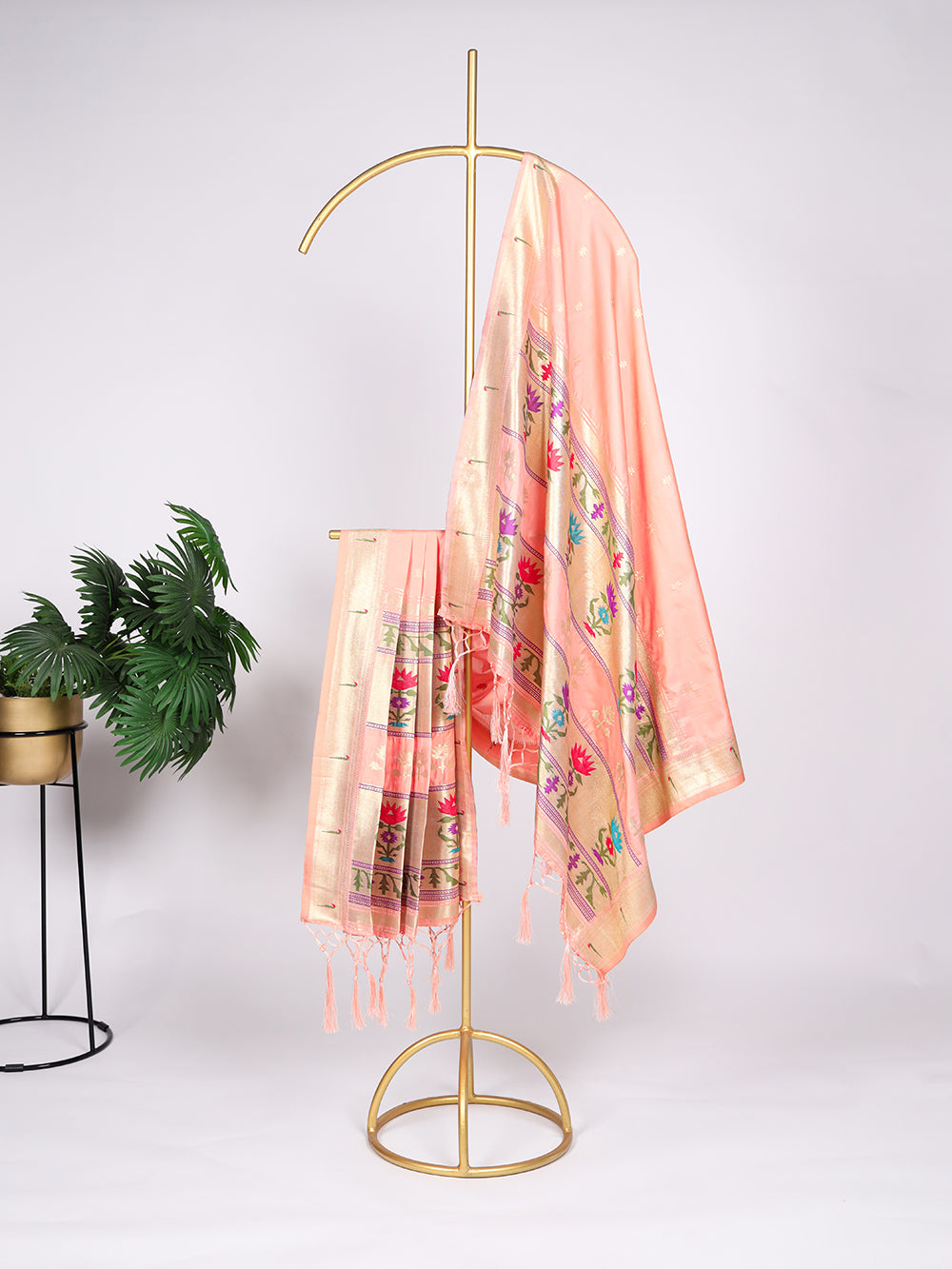Peach color weaving zari work with tassels jacquard silk paithani dupatta