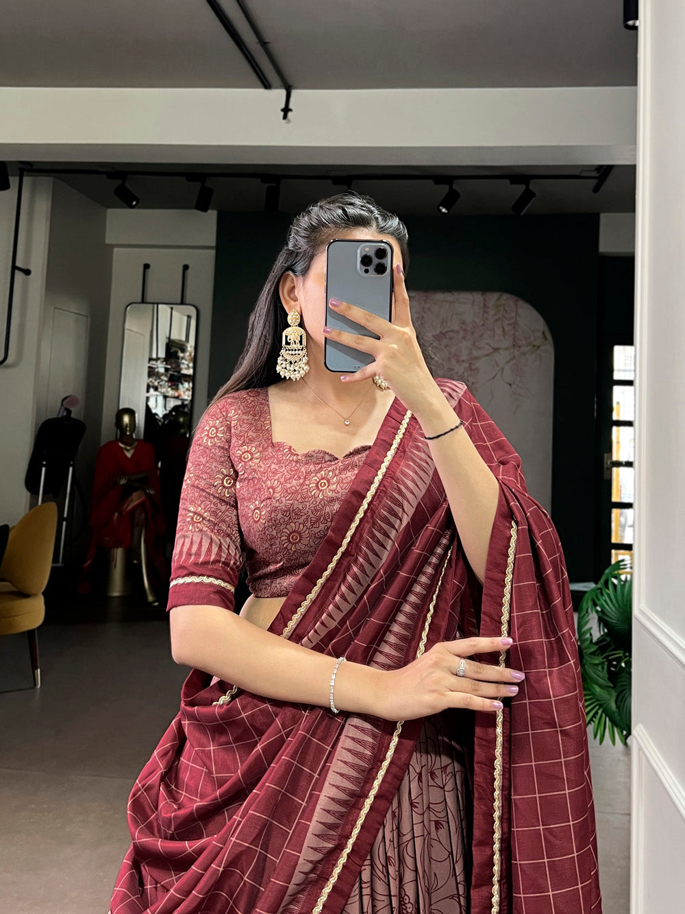 Maroon tasar silk kalamkari print lehenga choli with lace border tassel dupatta