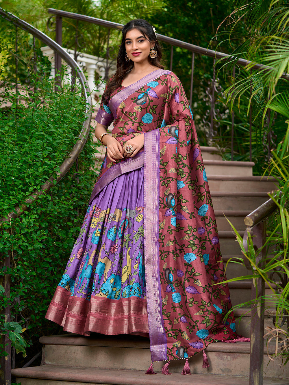 Lavender color kalamkari print with zari weaving dola silk voni lehenga choli