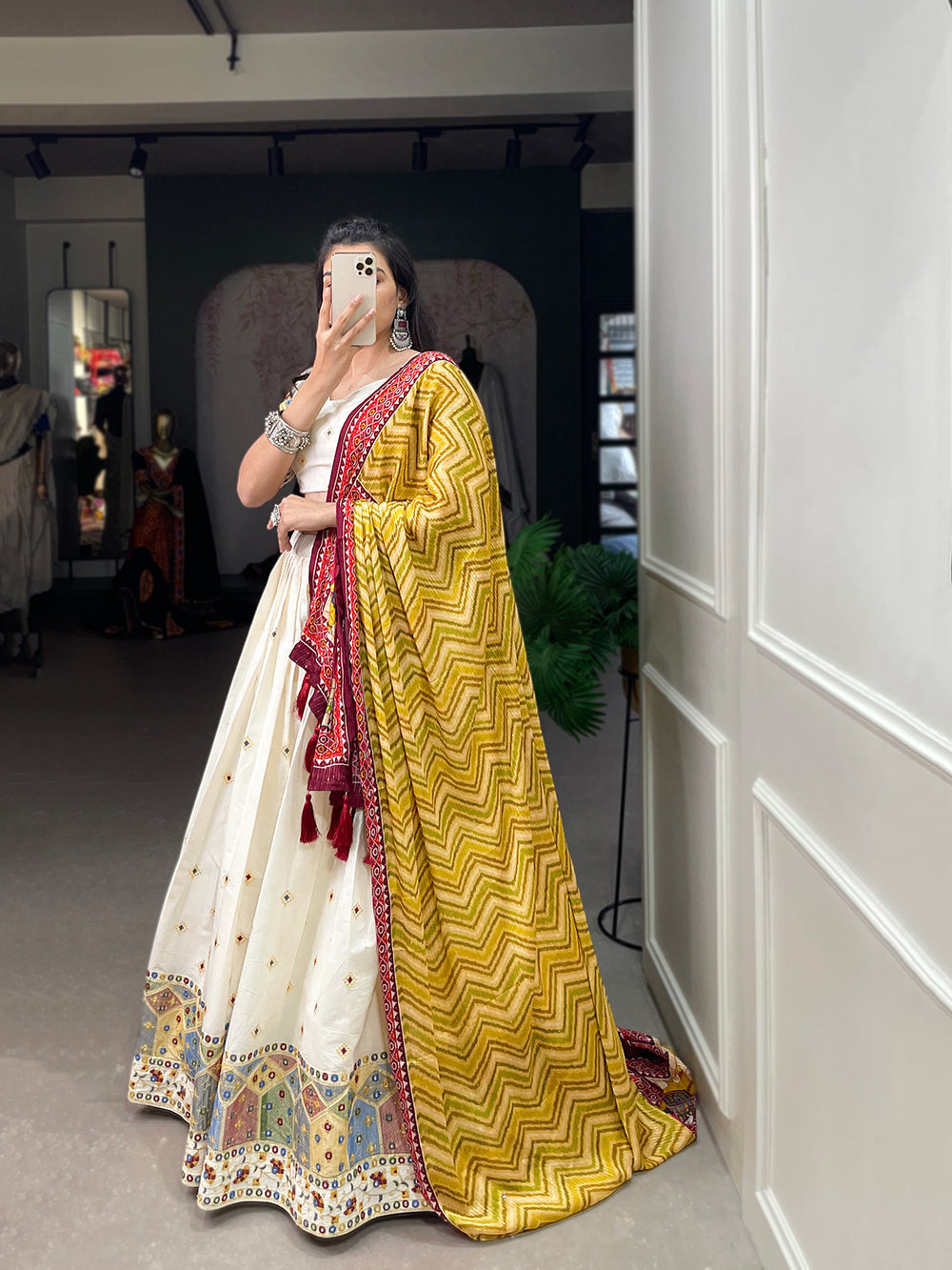 Temple Design Sequins And Thread Embroidery Work Khadi Cotton Wedding Wear Lehenga Choli