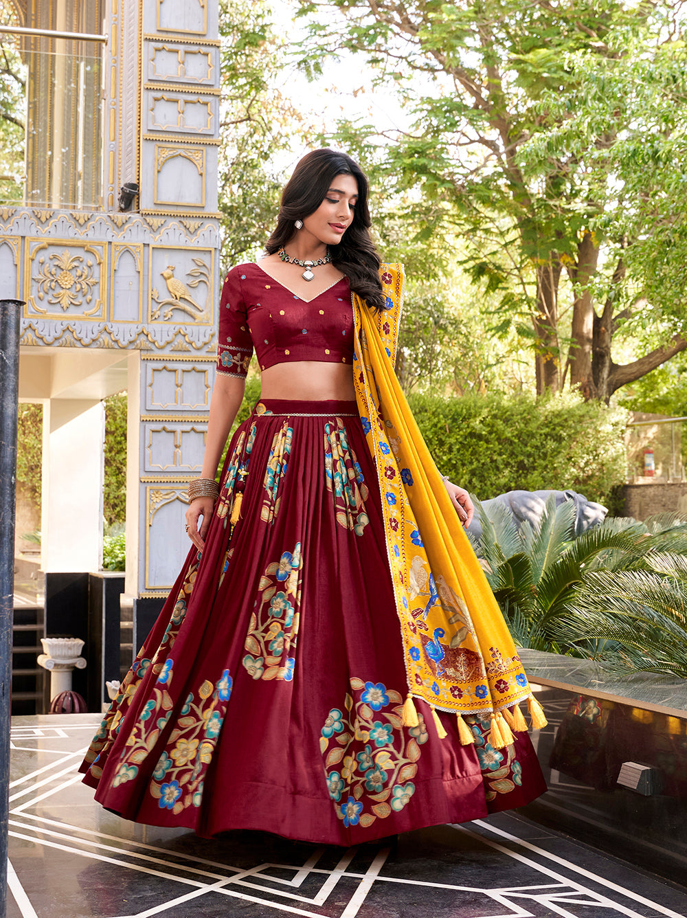 Royal maroon tussar silk lehenga choli with foil print lace accents matching dupatta