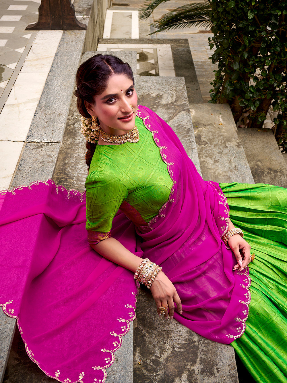 Parrot green poly cotton lehenga choli with zari weaving embroidered dupatta