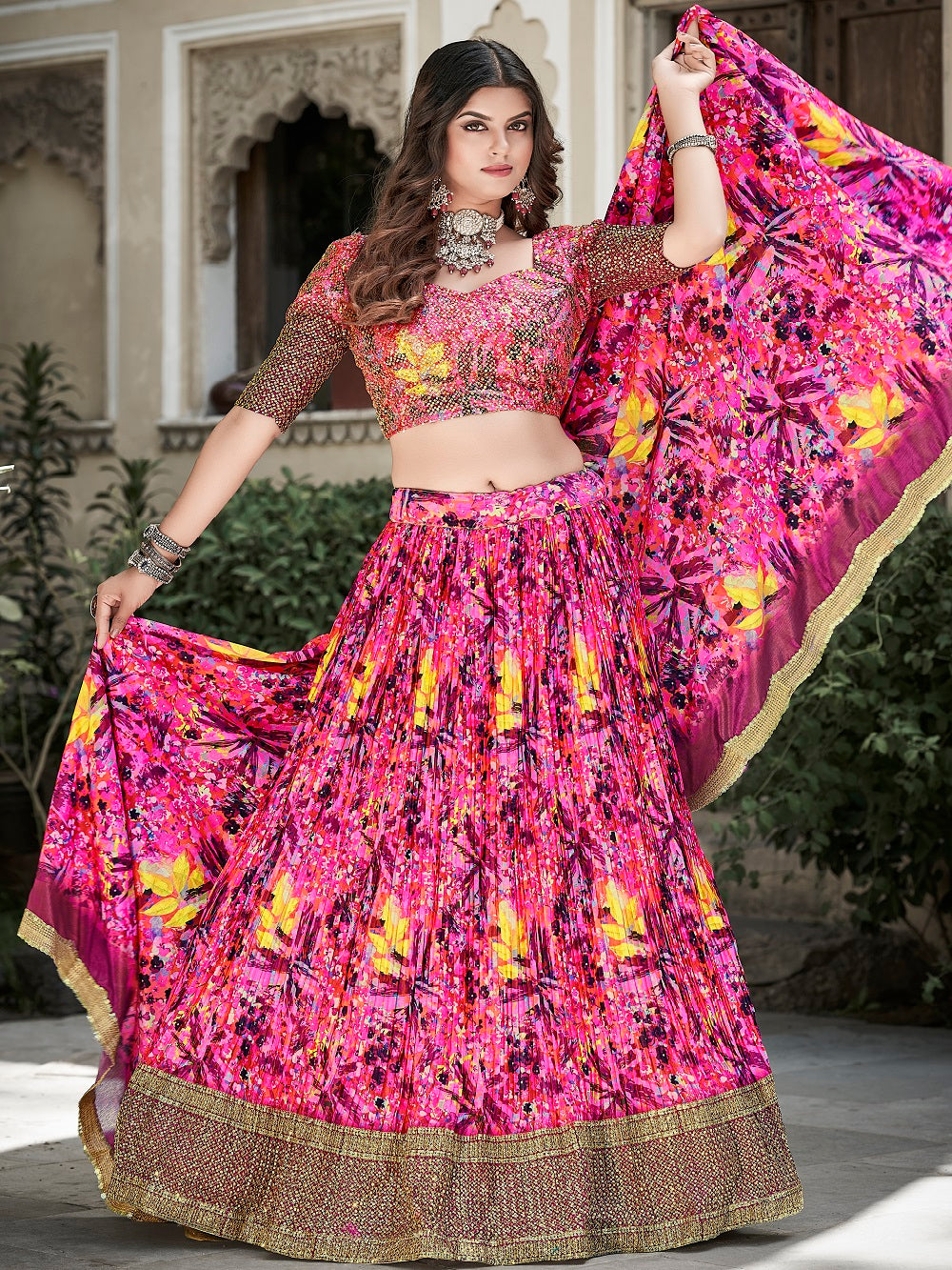 Pink Color Digital Print With Sequins Embroidery Work Crushed Chinon Lehenga Choli