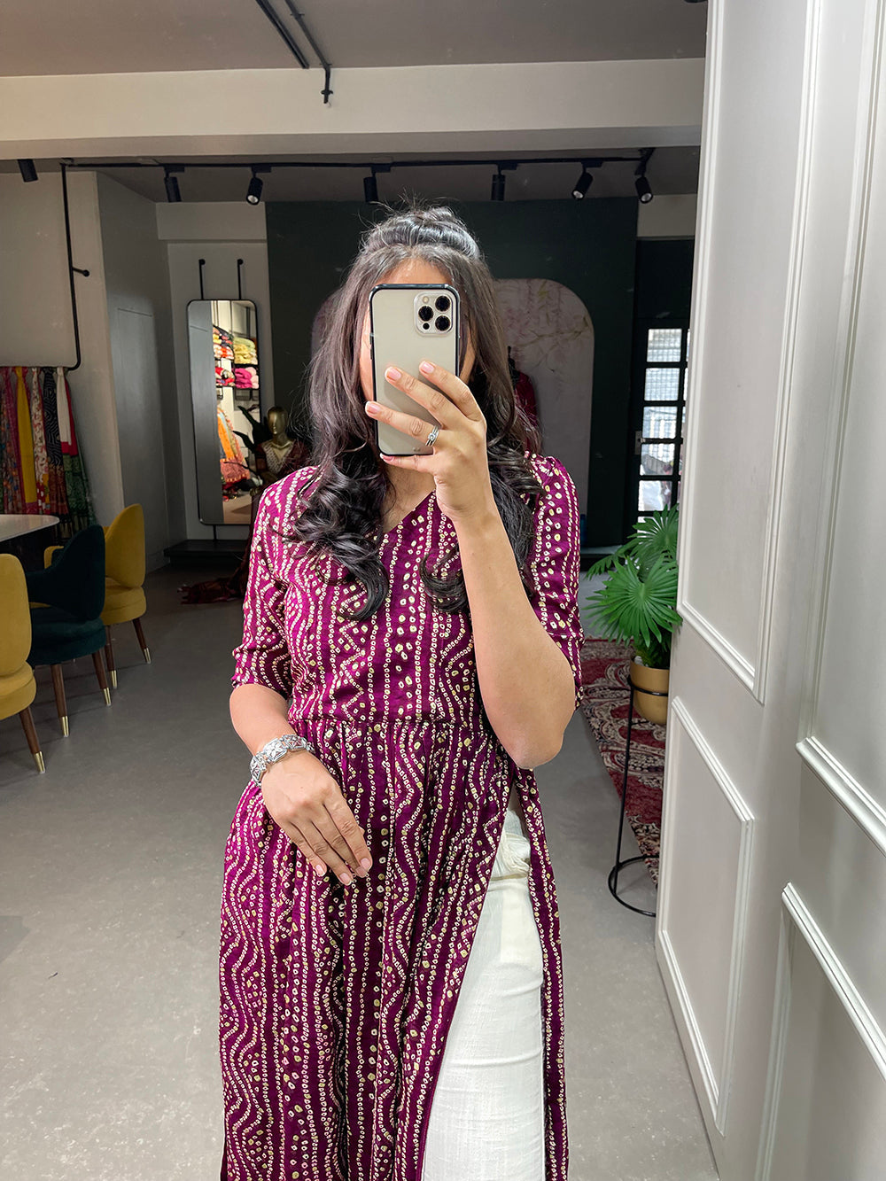 Wine Color Foil and Printed Pure Cotton Kurti