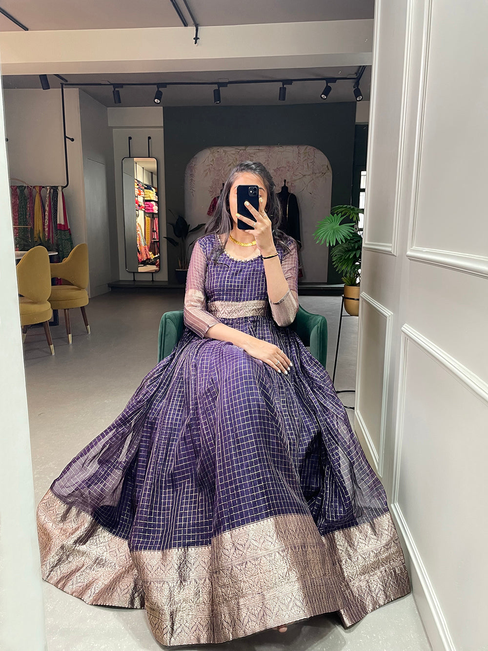 Wine Color Zari Weaving Work Organza Chex Gown