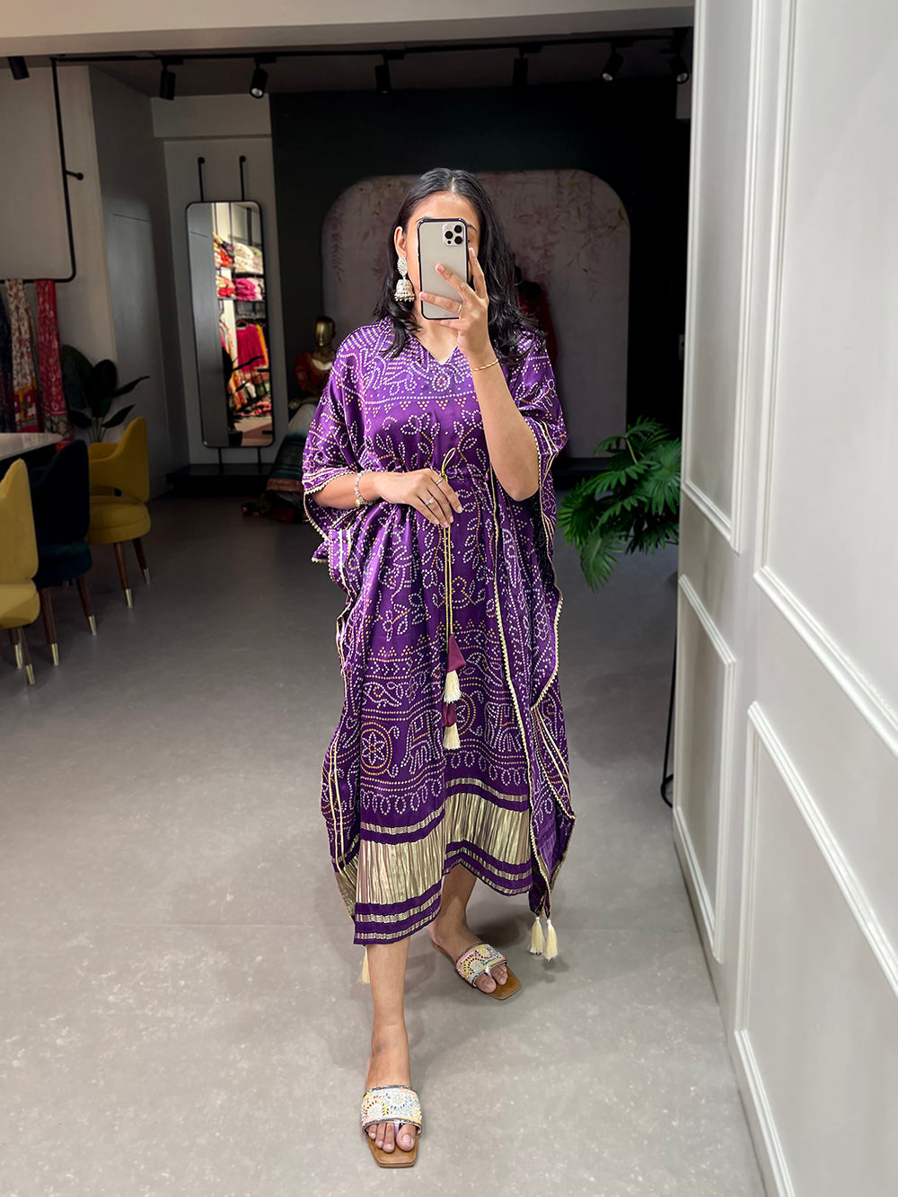 Wine Color Bandhej Print With Gotta Patti Lace Border Gaji Silk Kaftan