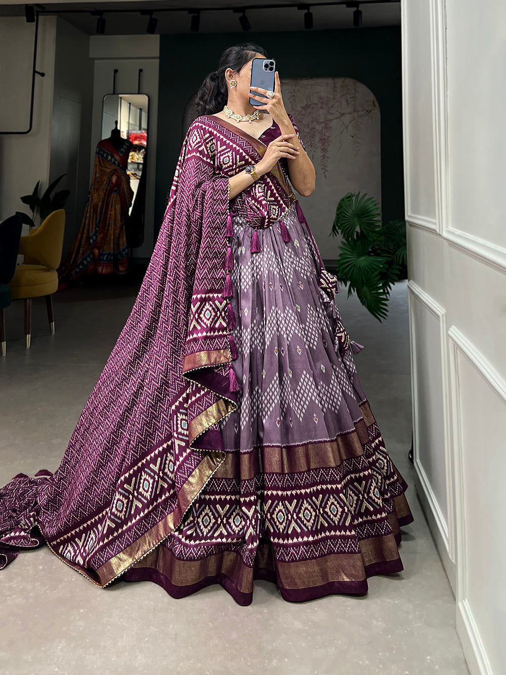 Wine Color Dot And Ikkat Print With Foil Work Tussar Silk Lehenga Choli