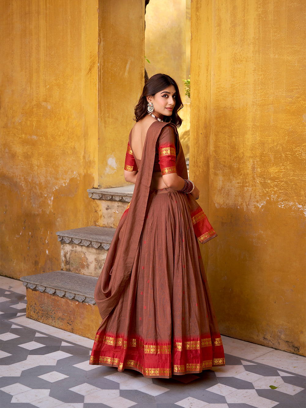 Brown color zari weaving work chanderi lehenga choli